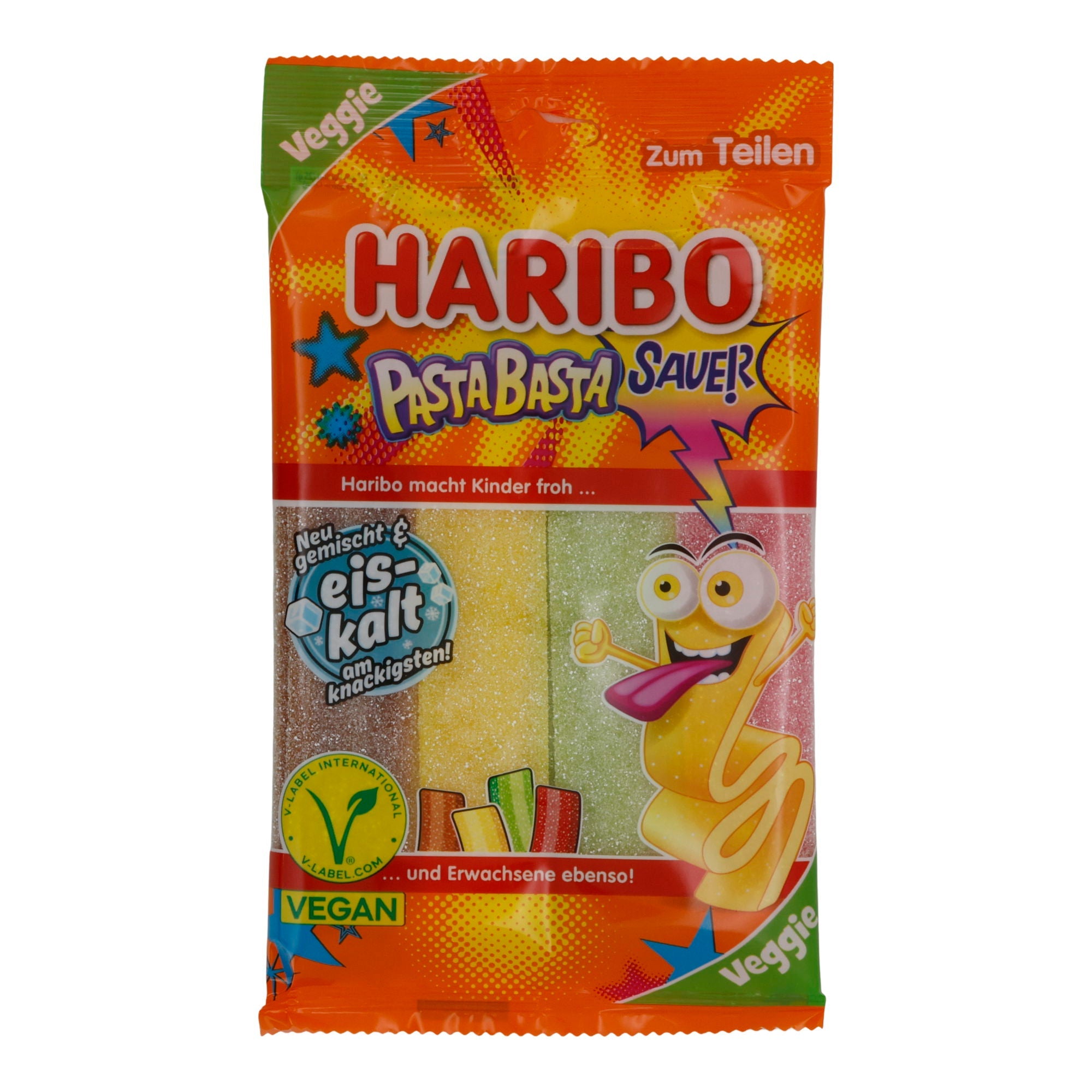 HARIBO Pasta Basta Sauer | Vegane Fruchtgummi-Streifen mit Geleefüllung | 160 g | Cola, Zitrone, Apfel & Kirsche HARIBO
